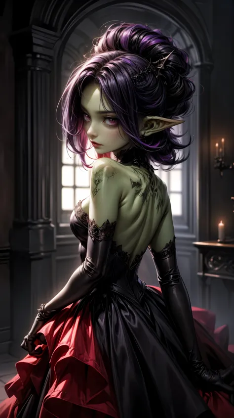 absurdrez, ((best quality)), ((masterpiece)), (detailed), dark gothic horror style, halloween style, very small goblin girl, (gr...