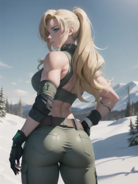 masterpiece, best quality, mgssniperwolf, blue eyes, shirtless, from behind, green pants, fingerless gloves, snow, white sky