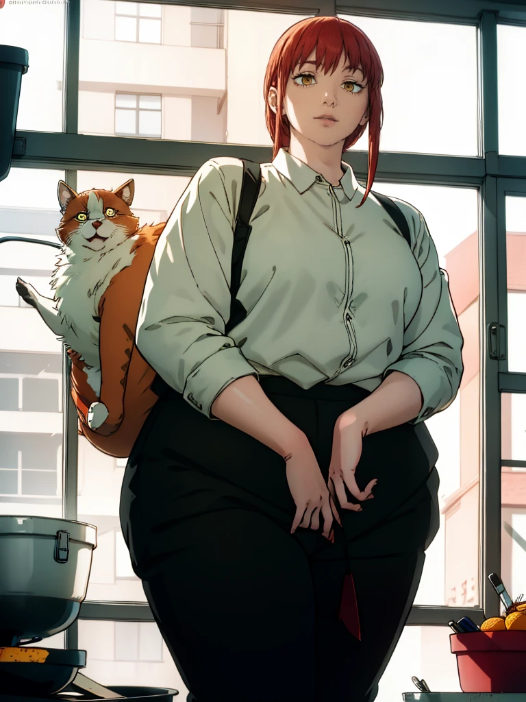 Le personnage Makima de la série animée Chainsaw Man, fragile, obésité morbide, ssbbw, pleine longueur (corps entier 1.1.), fond sombre, obscurité, anatomie correcte 1.1, anatomie correcte de la main, Très féminin, corps gras et rond, grosses Jambes, fesses, beau corps obèse, ventre rond et mou très gras, cheveux roux, Yeux oranges, Cercles rouges pour les écoliers, chemise blanche, jupe noire, cravate noire, pose sexy, réaliste, very détaillé, beau corps, détaillé body, détaillé hands, détaillé, vibrant, détaillé Face, Conception des personnages de Makima. very détaillé, détaillé body, détaillé hands, détaillé Face, Art animé, Hugh Détails, Visage très abattu, détaillé eyes, Illustration ultra fine, Meilleure ombre, détail fin, beautiful détaillé glow, beautiful détaillé, Extraordinairement beau, extremely détaillé, inexpressif, composition épique, Style animé. art animé, Style animé. Jupe noire, chemise blanche, cravatte, pose sexy, yeux jaunes