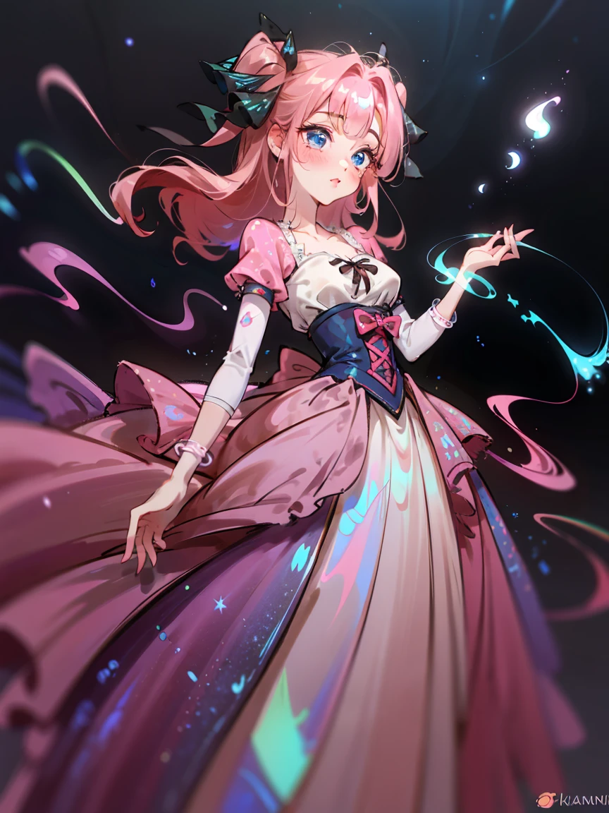 bioluminescent shiny glow, beautiful girl in flowing ballgown dress, galaxy style dress, galaxy glow, sparkling, ethereal, fluffy flowing hair, silky glistening iridescent pink hair,  nakano nino, hair ribbons, blue eyes