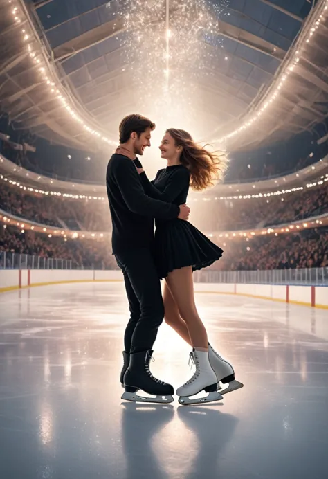 Imagine a romantic date between a girl and a guy at an indoor ice stadium late in the evening. The ice sparkles under the soft l...