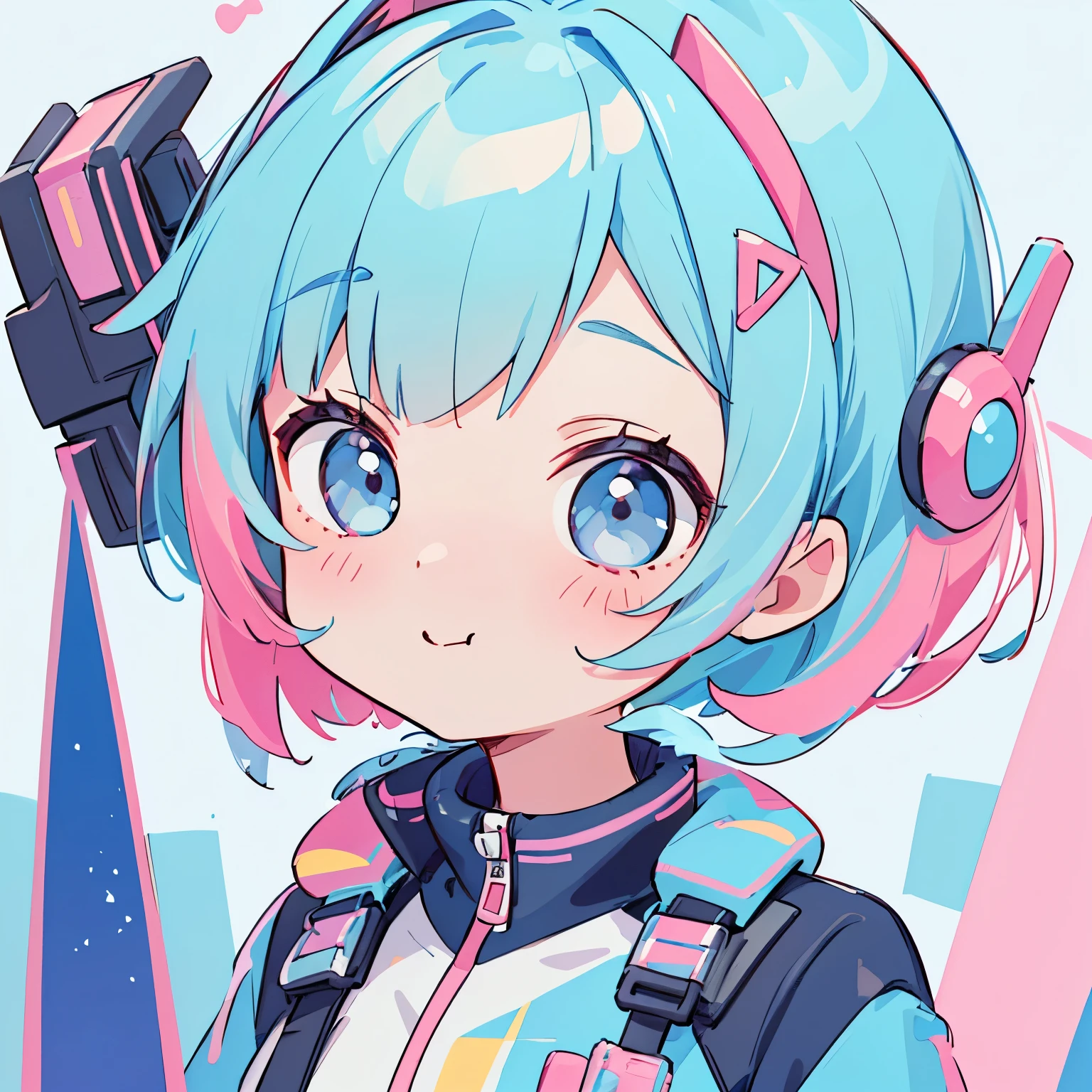 Vibrant art,pop、bright、colorful, 1 female, Light blue hair,　short hair、Happy,cute, animation style, kawaii, clearly, colorful cyberpunk, bubblegum pop, cute、Pink and light blue as main colors、I&#39;m cheering loudly、　Headphonesをしている、Headphoneusic、celebration、