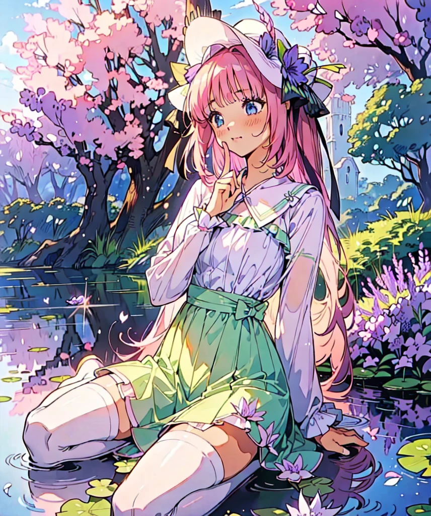 Nino nakano, dressed as sweetie belle from my little pony, solo, 1 girl, in a mythical garden: 2.0, (pink hair, coil curls: 2.5, dark blue heavenly eyes: 1.5, wearing a green and white dress, happy: 1.5, soft smile, her surroundings are ethereal, ((ultra realistic high quality top quality 4k)), one white thin really thin unicorn horn in her forehead: 3.0, bright sunny day: 1.urple and green flowers everywhere: 3.2, bushes, POND WITH LILY PADS: 3.0, jacaranda trees: 2.0, highly detailed jacaranda trees, green grass: 1.3, wearing a white summer hat with purple ribbon, summer dress with flower patterns, dainty features: 2.0,  like features: 2.0 two white cat ears: 1.0, ONE WHITE THIN THIN REALLY THIN HORN ON HER FOREHEAD, two white cat ears, pure white skin, green thigh high, highly detailed legging, purple heel, shiny hair, slightly shiny skin, sun rise, morning, shining ponds, lavender flower everywhere, shining eyes, soft gentle smile cute pink soft light blush,