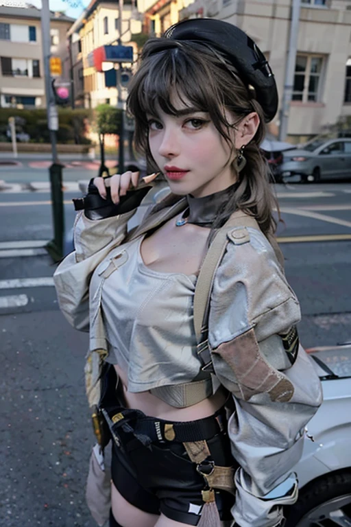  19 years old, (milf:0.8), (solo:1.5), (sfw:1.25), sexy breast, beautiful breasts, (medium tits:0.8), thin waist, big ass:1.0, Raised sexy, (black beret,black military jacket, open clothes, cleavage, midriff, black shorts, black thighhighs, thigh strap, fingerless gloves, single glove:1.2), blue eyes, light smile, big , Revimpling fabric, earrings, Hand gloves, detailed face,(hold a cigarette:1.1),long hair,side ponytail,hair between eyes,bangs,detailed and beautiful eyes,beautiful detailed lips,Rolling her eyes,manner,hair over one eye, (ultra high resolution, 8K RAW photo, photo realistics, thin outline:1.3, clear focus), best qualtiy, natural lighting, textile shading, field depth, (Bright pupils, fine detailed beautiful eyes with highlight:1.3, high detailed face), Red lip, fine realistic skins:1.1, looking down viewers:1.3, (dynamic angle:1.3, front view:1.1, breast focus:1.3, from above:1.2), (dynamic posing:1.5, sexy posing:1.2),Youghal, side lock, hair ornaments,nice,garden background,artistic rendering,Super detailed,(highest quality,4k,8K,High resolution,masterpiece:1.2),Bright colors,studio lighting ,at military base in usa 
