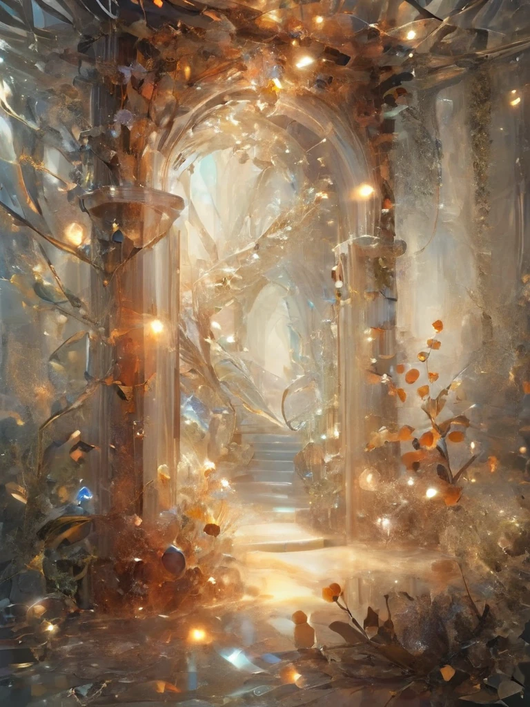 Faye, One, In a secret hideout, The enchanting garden invites you, Delicate flowers that give off a magical feeling, Makes objects made of Lal Amber appear transparent, Intricate details, Abstract, Whimsical,  