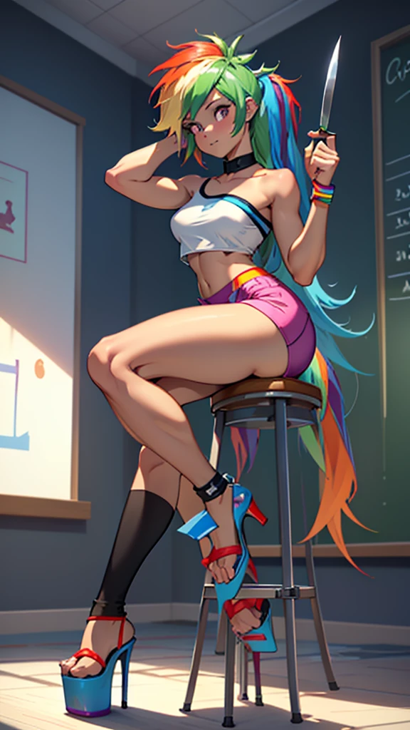 best quality, high quality, a cute girl, solo, rainbow dash, blue skin, small strapless croptop, spandex shorts, thick thighs, ((tall open-toe platform high heels, visible feet, highly detailed feet, holding a knife, extra small breasts)), classroom, school, ((4k, masterpiece, high-resolution))