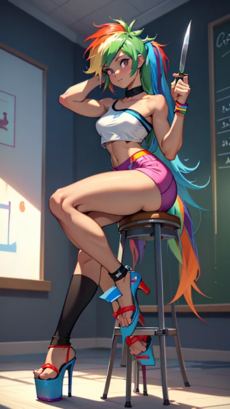 best quality, high quality, a cute girl, solo, rainbow dash, blue skin, small strapless croptop, spandex shorts, thick thighs, (...