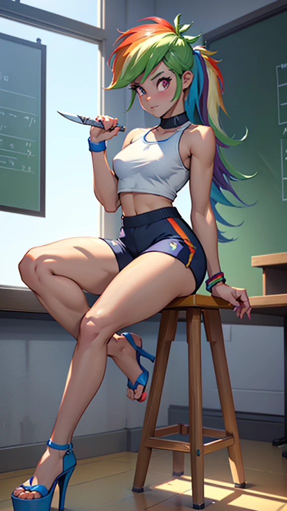 best quality, high quality, a cute girl, solo, rainbow dash, blue skin, small strapless croptop, spandex shorts, thick thighs, ((tall open-toe platform high heels, visible feet, highly detailed feet, holding a knife, extra small breasts)), classroom, school, ((4k, masterpiece, high-resolution))