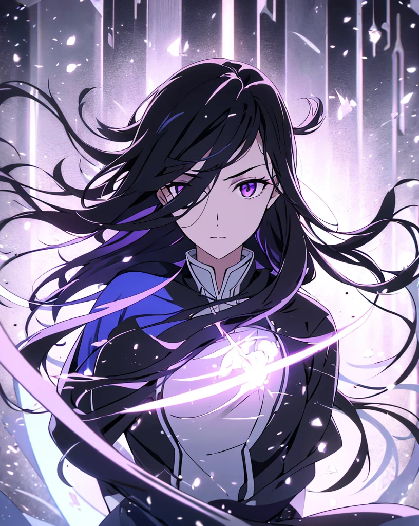 (best quality, high resolution), ultra-detailed, woman, young, 19 years old, swordsman, long black hair hanging down, snow-white skin, calm eyes, emotionless, bright purple eyes, long black uniform, black cape with hood. purple light background.