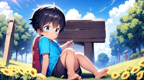 Cute boy playing in a field with flowers 