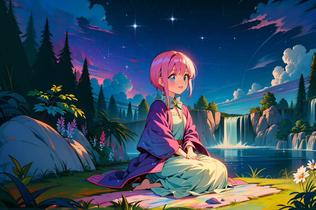 Scenery, light blue sky, 1girl, ichika sitting in the waterfalls, cloud, sitting on rocks in the middle of the waterfall, magical photography, ultra-detailed, 4k, Depth of field, High-resolution, outdoors, starry night sky, starts made of iridescent tears, pastel aesthetic colors, sfw, nakano_ichika, aaichika, Nakano ichika sitting in the waterfall, short silky pink hair, masterpiece, 4k, ultradetailed, cowboy shot, nakano ichika, blue eyes, sparkling eyes, green bowtie, veiled pretty iridescent dress, minimal dress, attractive confident smile, happy, cute, Official art、Beautifully Aesthetic:1.2)、(a beauty girl:1.3)、vivid colours、colourful, Soft Light, Deep Focus Bokeh, fantasy, galaxy, sparkling, splendid, colorful, dramatic lighting, intricate details, (1 girl, solo, alone), intricate details, sfw, nakano_ichika, sparkling eyes, laughing happily, crystal, fantasy, shimmering, sparkling, splendid, colorful, bright colours. fix her hands, studio lighting:1.2), ichika nakano, 