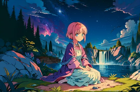 Scenery, light blue sky, 1girl, ichika sitting in the waterfalls, cloud, sitting on rocks in the middle of the waterfall, magica...
