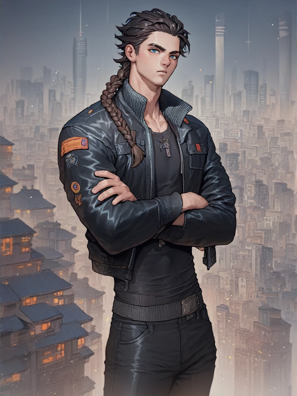 score_9, score_8_up, score_7_up, score_6_up, score_5_up, score_4_up, source_anime, cityscape, 
(black male with braided hair:1.2), clothing, jacket, pants, pinup, contrapposto, wide hips, looking at viewer, crossed arms, earthy colors
