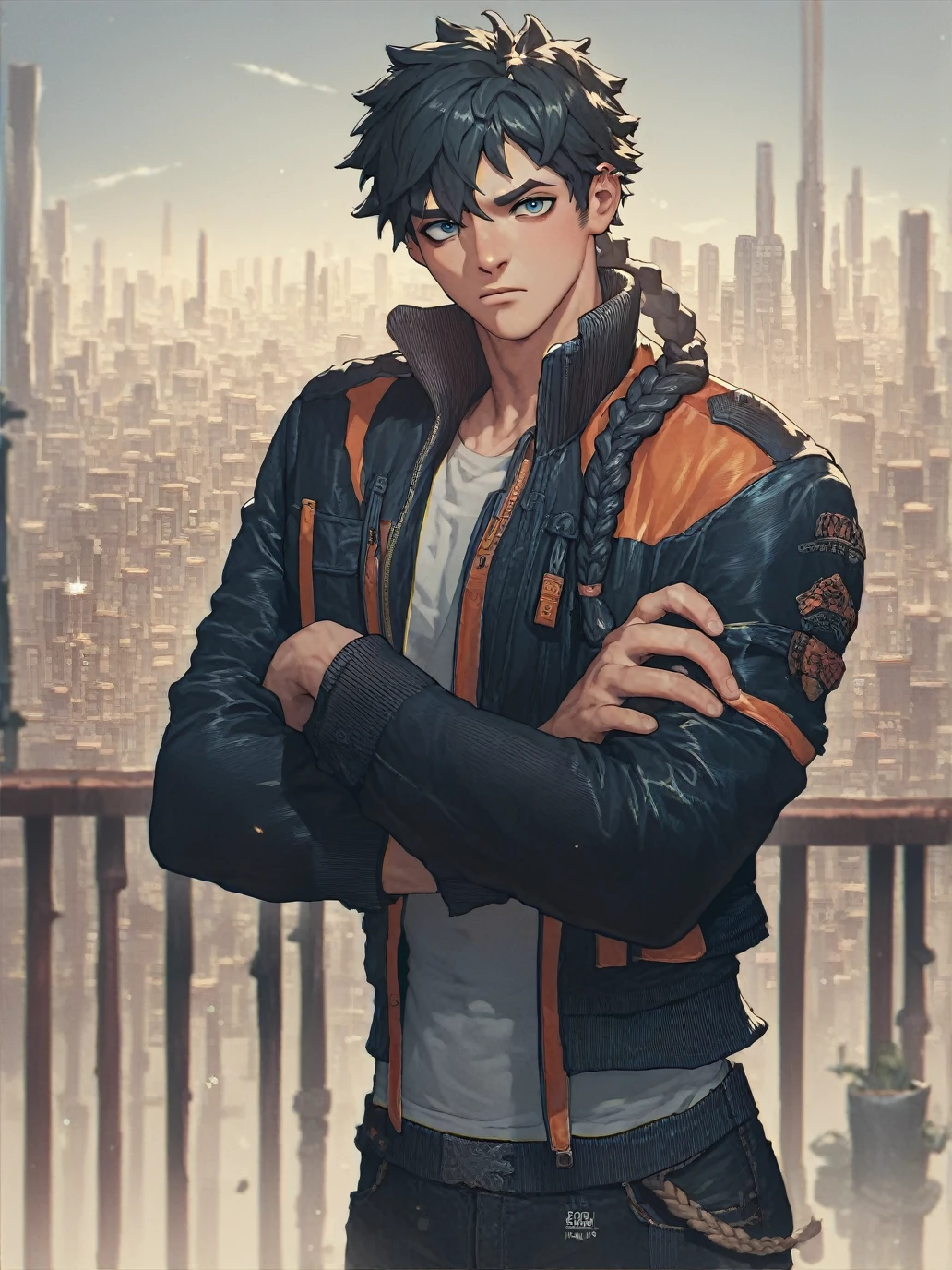 score_9, score_8_up, score_7_up, score_6_up, score_5_up, score_4_up, source_anime, cityscape, 
(black male with braided hair:1.2), clothing, jacket, pants, pinup, contrapposto, wide hips, looking at viewer, crossed arms, earthy colors
