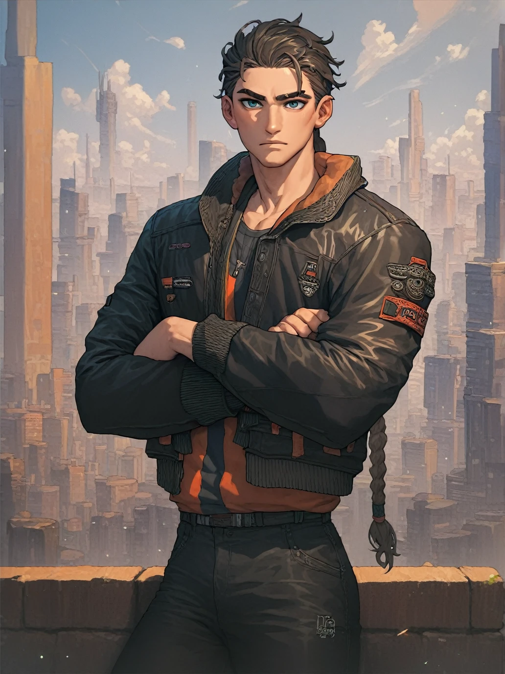 score_9, score_8_up, score_7_up, score_6_up, score_5_up, score_4_up, source_anime, cityscape, 
(black male with braided hair:1.2), clothing, jacket, pants, pinup, contrapposto, wide hips, looking at viewer, crossed arms, earthy colors
