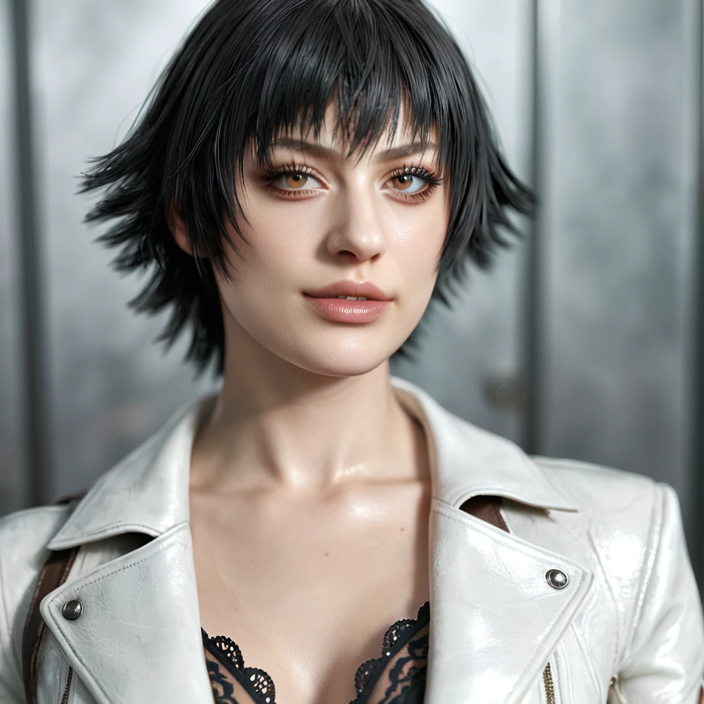 (best quality:1.2), lady (from devil may cry 5:1.1), black panties, white jacket, perfect face,
