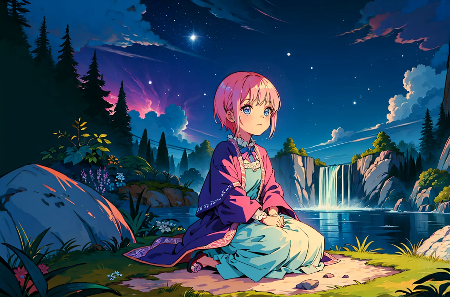 Scenery, light blue sky, 1girl, ichika sitting in the waterfalls, cloud, sitting on rocks in the middle of the waterfall, magical photography, ultra-detailed, 4k, Depth of field, High-resolution, outdoors, starry night sky, starts made of iridescent tears, pastel aesthetic colors, sfw, nakano_ichika, aaichika, Nakano ichika sitting in the waterfall, short silky pink hair, masterpiece, 4k, ultradetailed, cowboy shot, nakano ichika, blue eyes, sparkling eyes, green bowtie, veiled pretty iridescent dress, minimal dress, attractive confident smile, happy, cute, Official art、Beautifully Aesthetic:1.2)、(a beauty girl:1.3)、vivid colours、colourful, Soft Light, Deep Focus Bokeh, fantasy, galaxy, sparkling, splendid, colorful, dramatic lighting, intricate details, (1 girl, solo, alone), intricate details, sfw, nakano_ichika, sparkling eyes, laughing happily, crystal, fantasy, shimmering, sparkling, splendid, colorful, bright colours. fix her hands, studio lighting:1.2), ichika nakano, 