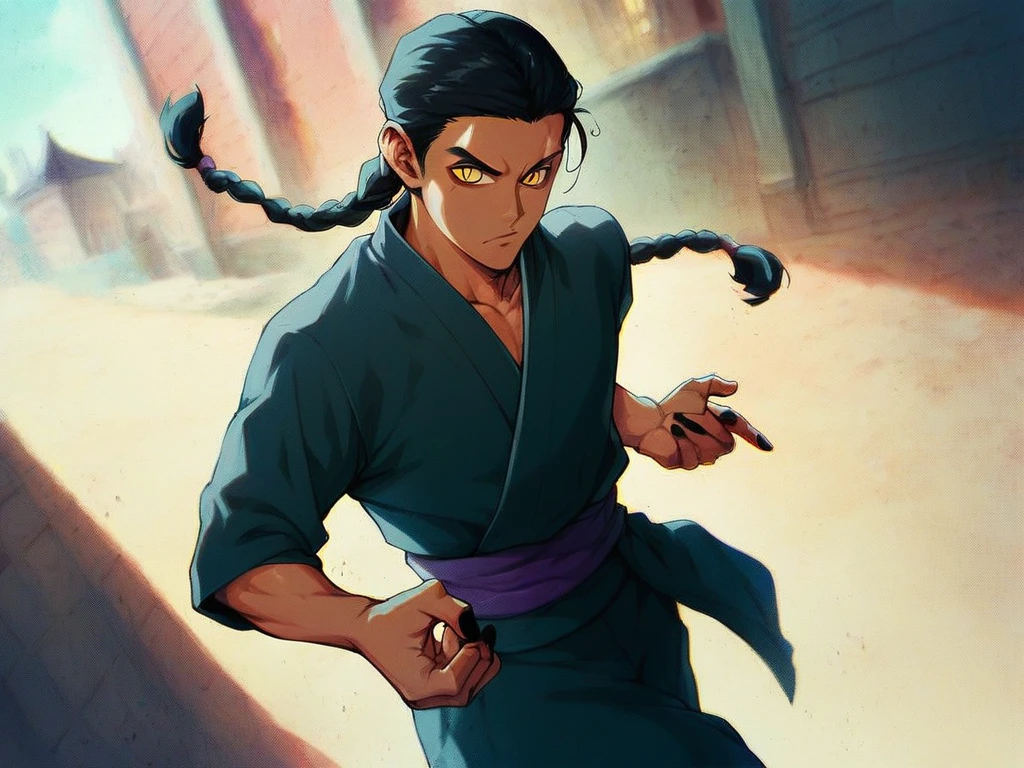 1boy, braided black hair, male kimono, earthy tones, yellow eyes, slit pupils, purple eyeliner, brown skin, ninja, black nails, battle stance, day, outdoors, solo, village, hotel building in the background, score_9, score_8_up, score_7_up