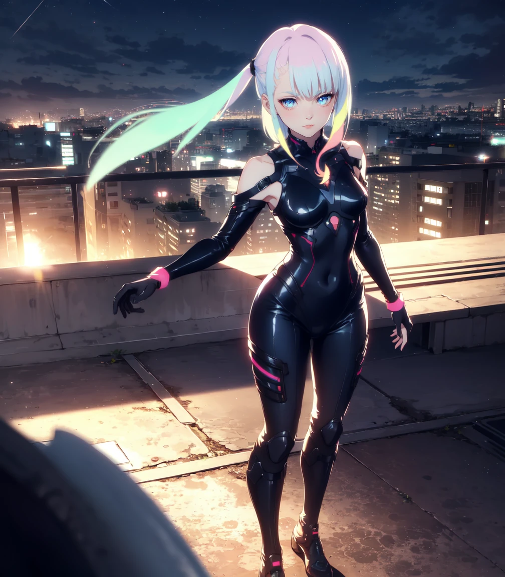 Masterpiece, best quality, 16k resolution, NVIDIA RTX Ray Tracing technology, Create a 4K resolution, ultra-realistic, and extremely detailed artwork, award winning, retina, soft light, sharp focus.(hyper-realistic:1.4),  (full body:1.5), (Night, night time:1.4), from above

cyberpunklucy, lucy, short hair, bangs, blue eyes, blue hair, multicolored hair, makeup, (multicolored eyes:1.3), smile, model pose, modeling

BREAK bare hips, bodysuit, leotard, monowire, off shoulder, off-shoulder open clothes, MIDRIFF

BREAK outdoors, city, moon, night, sky, clouds,

sexy, Sexy, smooth perfect skin, smooth_skin

Beautiful、(red blush)、Sexy

FULL BODY SHOT, ultra wide angle, textured skin, face detail, clean skin, perfect hands, perfect anatomy, anatomically correct,

(Realistic park:1.3)