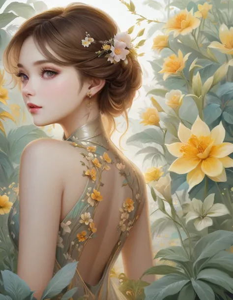 a painting of a woman in a dress surrounded by flowers, beautiful digital artwork, beautiful character drawings, exquisite digit...