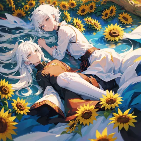 anime boy lying on the floor with sunflowers in the background, menino with white hair curto, anime look of a beautiful boy,  , ...