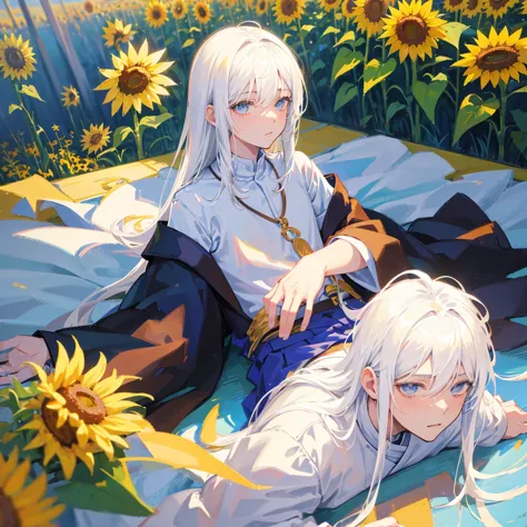 anime boy lying on the floor with sunflowers in the background, menino with white hair curto, anime look of a beautiful boy,  , ...