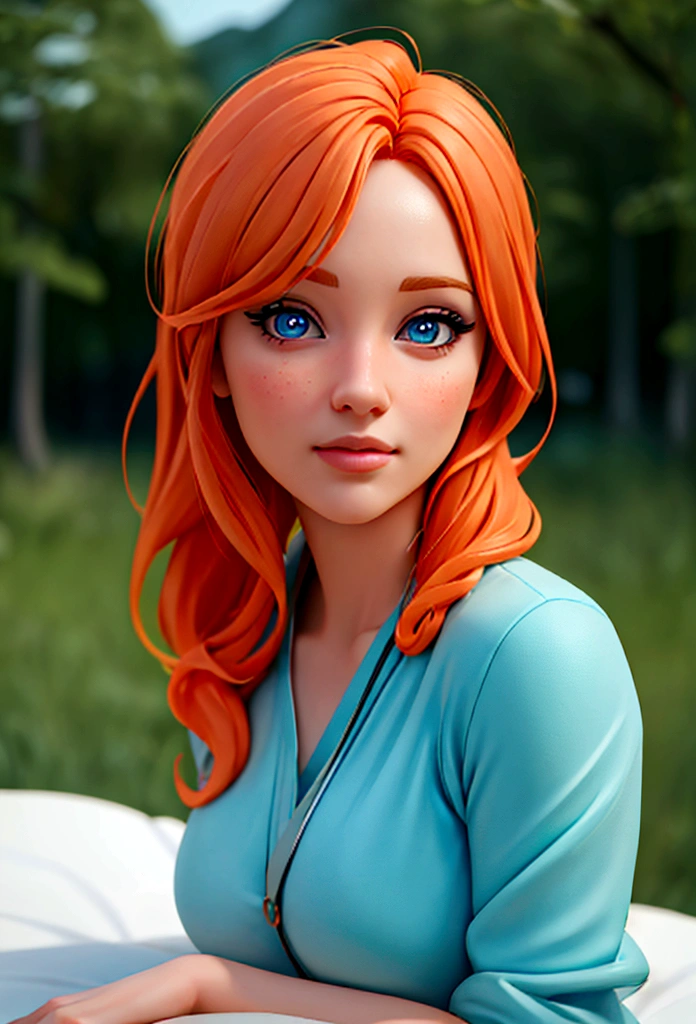 A girl with orange hair, wearing a blue outfit, in a colorful meadow, at night, on a bed,(best quality,4k,8k,highres,masterpiece:1.2),ultra-detailed,(realistic,photorealistic,photo-realistic:1.37),beautiful detailed eyes,beautiful detailed lips,extremely detailed eyes and face,longeyelashes,fantasy,surreal,dreamlike,moody lighting,vibrant colors,soft focus,romantic,serene