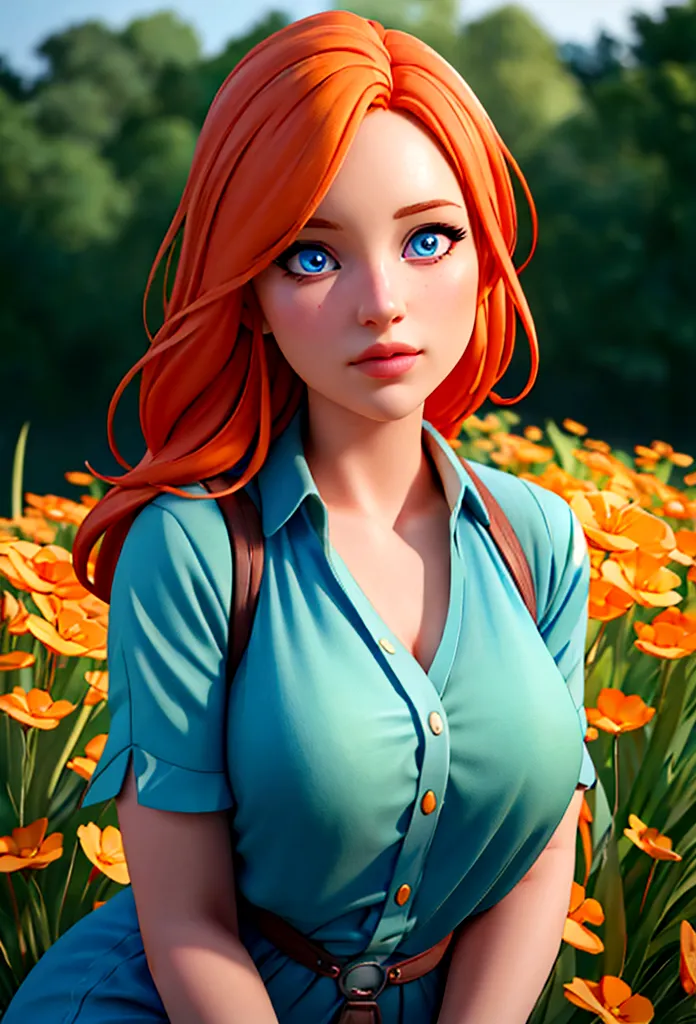 a girl with orange hair, wearing a blue outfit, in a colorful meadow, at night, on a bed,(best quality,4k,8k,highres,masterpiece...