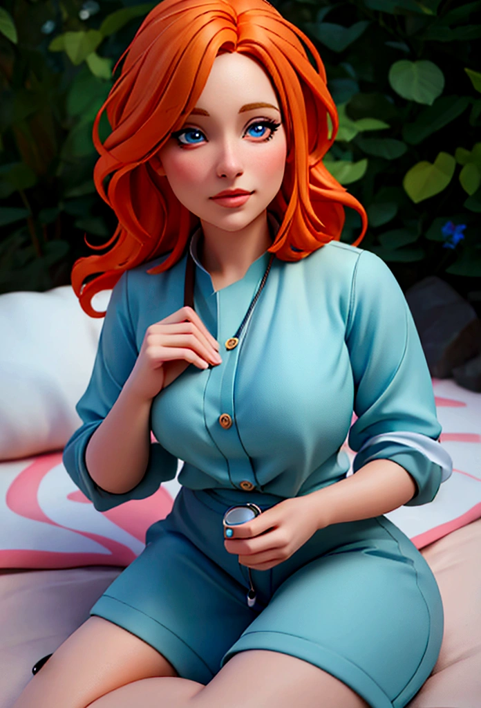 A girl with orange hair, wearing a blue outfit, in a colorful meadow, at night, on a bed,(best quality,4k,8k,highres,masterpiece:1.2),ultra-detailed,(realistic,photorealistic,photo-realistic:1.37),beautiful detailed eyes,beautiful detailed lips,extremely detailed eyes and face,longeyelashes,fantasy,surreal,dreamlike,moody lighting,vibrant colors,soft focus,romantic,serene