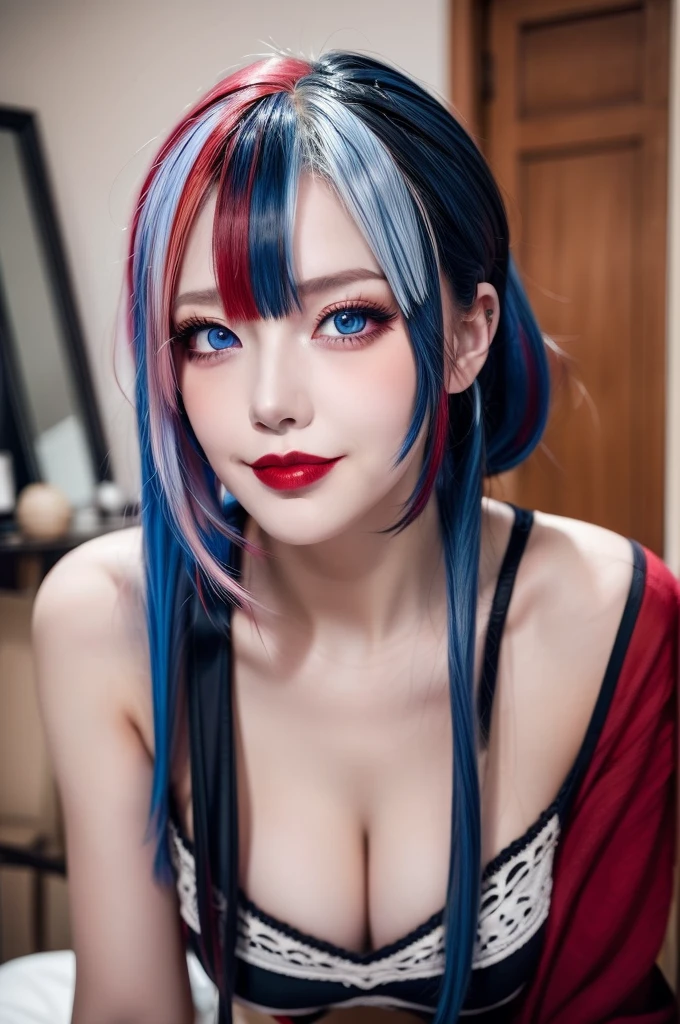 Obra maestra, mejor calidad, muy detallado,1 chica,adentro, adulto, cabello dividido en colores, pelo rojo y azul, pelo sobre el ojo, pose dinámica, ropa, sonrisa, lápiz labial, ojos azules brillantes