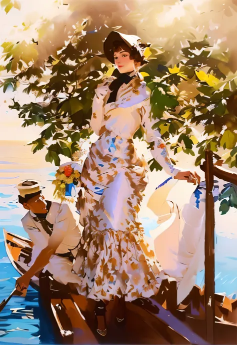 painting of a woman in a dress and hat standing on a boat, part leyendecker style, j.c. leyendecker wlop, by James Tissot, j.c l...