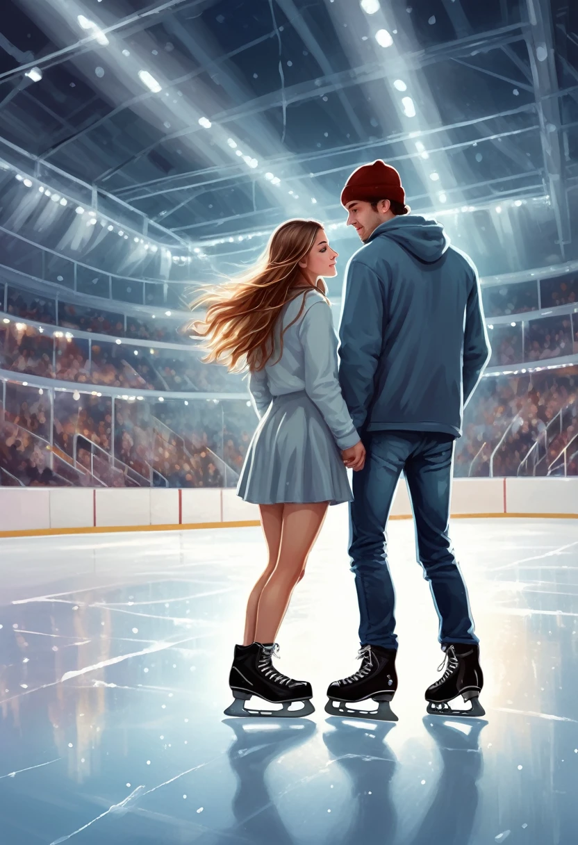 Imagina una cita romántica entre una chica y un chico en un estadio de hielo cubierto a última hora de la noche.. El hielo brilla bajo la suave luz de los focos., creando una atmósfera mágica. no hay nadie en las gradas, sólo el suave susurro de los patines sobre la superficie del hielo rompe el silencio circundante..  ilustración. dibujo. cuadro. arte.