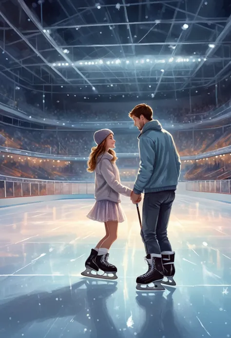 Imagine a romantic date between a girl and a guy at an indoor ice stadium late in the evening. The ice sparkles under the soft l...