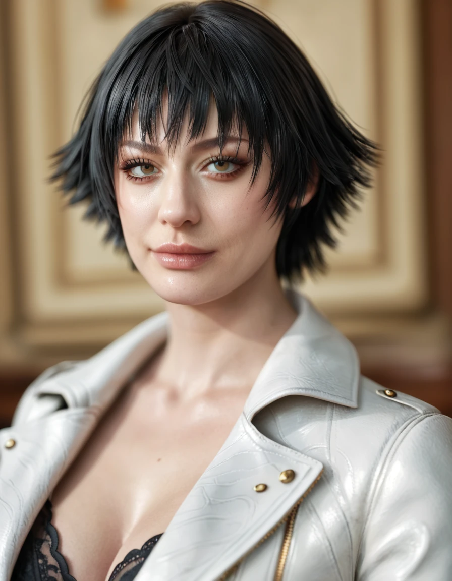 (best quality:1.2), lady (from devil may cry 5:1.1), black bra, white jacket, milf, perfect face, portrait
