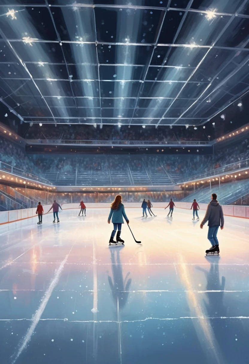 Imagine a romantic late night date at an indoor ice rink. The ice sparkles under the soft light of the spotlights, creating a magical atmosphere. There is no one in the stands, only the quiet rustle of skates on the surface of the ice breaks the surrounding silence. The stands are empty. Illustration. Drawing. Painting. Art.