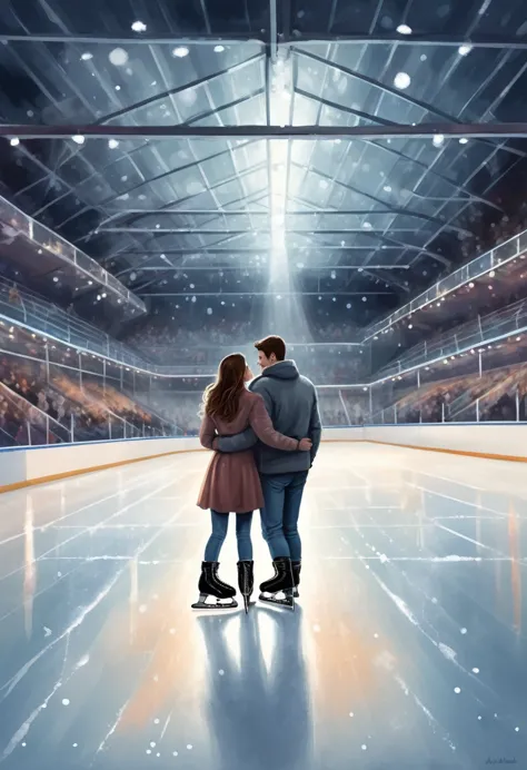 Imagine a romantic late night date at an indoor ice rink. The ice sparkles under the soft light of the spotlights, creating a ma...