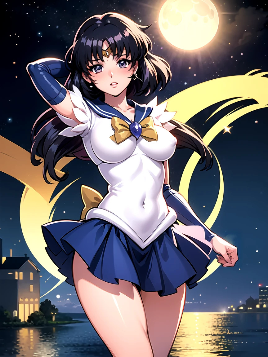 sailor moon, realistic, 1 girl, (Magical girl:1.4), dark brown long hair, (Gold Opal Eyes), (crystallization, Sparkling bokeh), (gothic:1.4)style transparent sailor scout uniform, (big breasts:1.25), cleavage, wide hips, small waist, tanned skin, clavicle, parted lips, compensate, blush, shiny skin, night, reflection, full moon, moonlight, Rose,orgasm,ecstasy,exposing a nipple