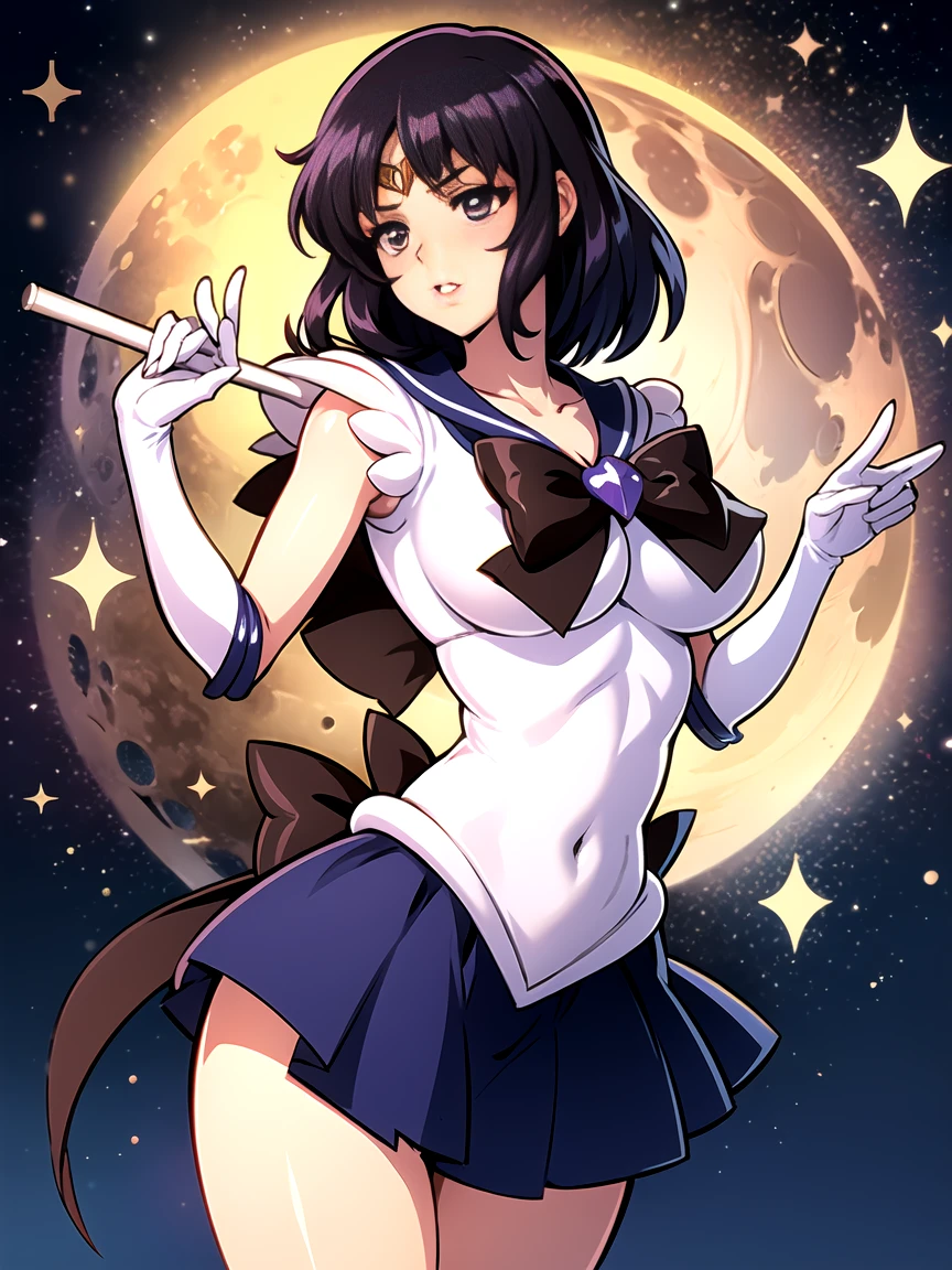 sailor moon, realistic, 1 girl, (Magical girl:1.4), dark brown long hair, (Gold Opal Eyes), (crystallization, Sparkling bokeh), (gothic:1.4)style transparent sailor scout uniform, (big breasts:1.25), cleavage, wide hips, small waist, tanned skin, clavicle, parted lips, compensate, blush, shiny skin, night, reflection, full moon, moonlight, Rose,orgasm,ecstasy,exposing a nipple