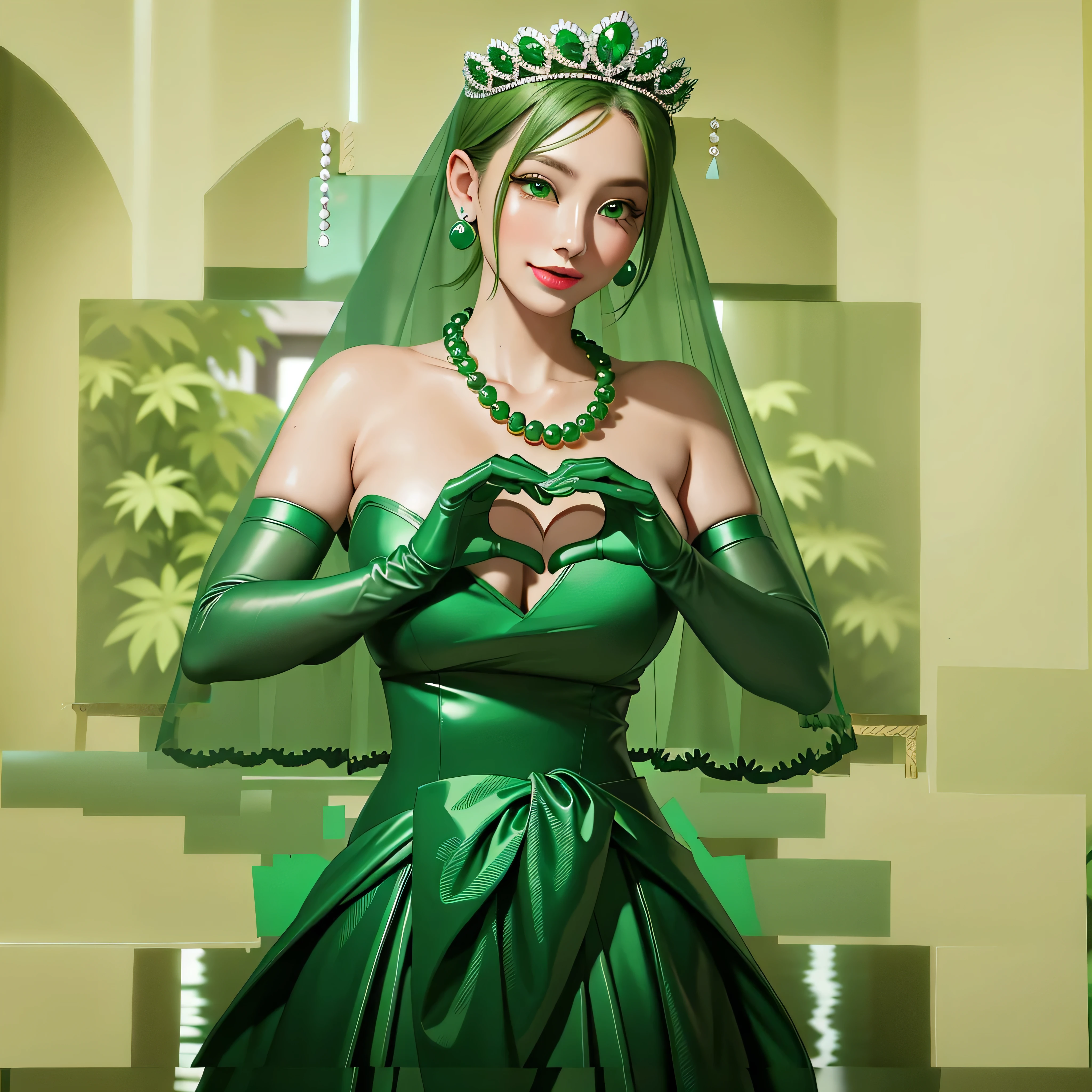 emerald tiara, colar de pérolas verdes, Cabelo verde muito curto de menino, Lábios Verdes, mulher japonesa sorridente, cabelo muito curto, Linda senhora peituda, olhos verdes, Luvas longas de cetim verde, olhos verdes, Brincos Esmeralda, Véu verde, Coração com as duas mãos, cabelo verde, Linda mulher japonesa, mãos em forma de coração:1.3, brilho labial verde