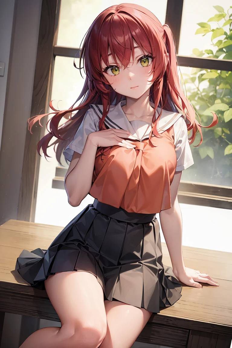 Kitaikuyo, Ikuyo Kita, (Green Eyes:1.5), Hair between the eyes, Long Hair, One side up, Redhead, (Flat Chest:1.2), break black footwear, black skirt, grey Sailor collar, pleated skirt, Sailor collar, , shoes, Short sleeve, Tall plants , skirt,, break looking at viewer, break indoors, classroom, break (masterpiece:1.2), Highest quality, High resolution, unity 8k wallpaper, (figure:0.8), (Beautiful attention to detail:1.6), Highly detailed face, Perfect lighting, Highly detailed CG, (Perfect hands, Perfect Anatomy),On the chest.Big Breasts.