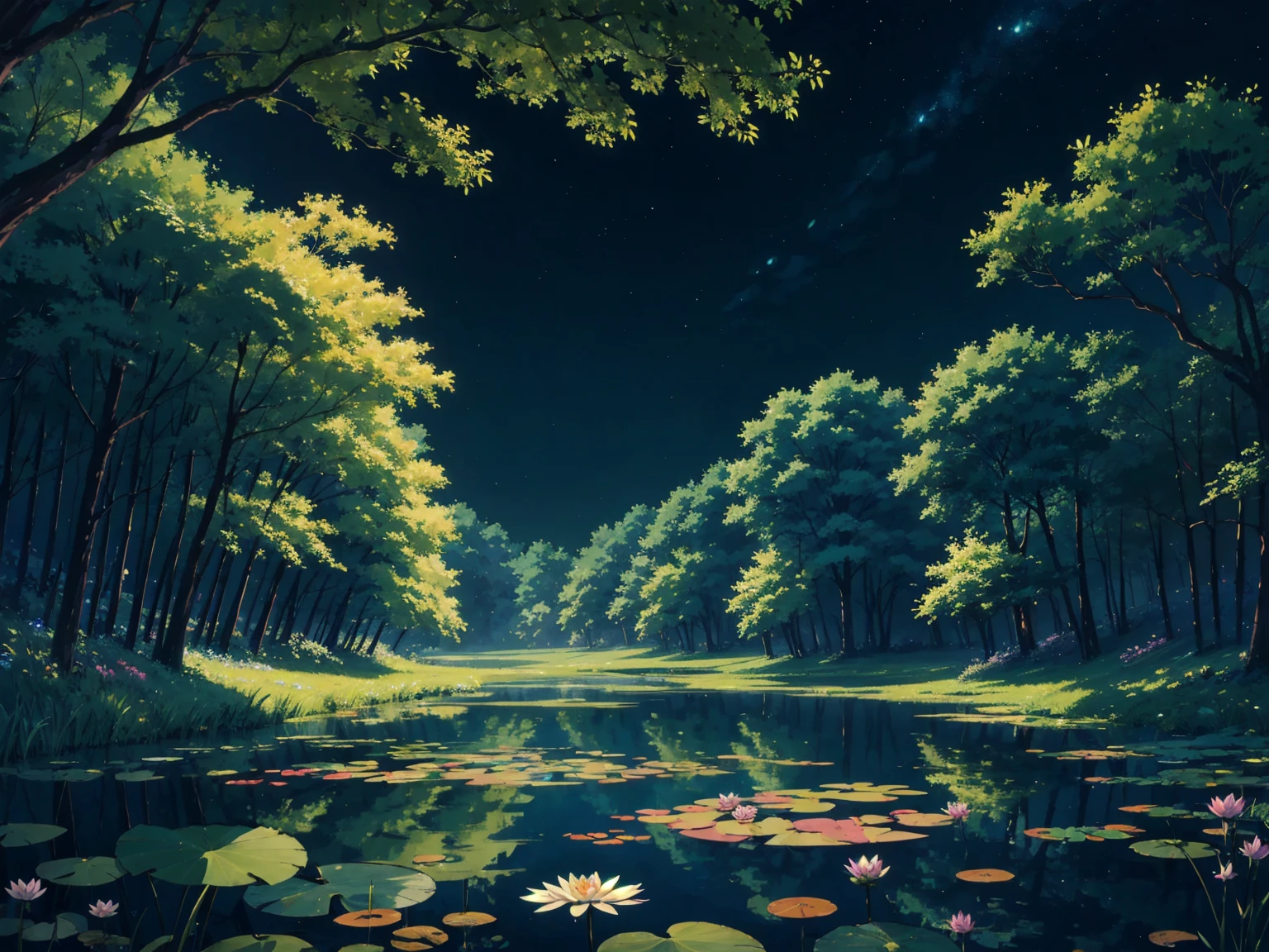 lotuses:3、Best Quality、masutepiece、8K、(nighttime scene)、starrysky、the woods、 deep dark night scene, scenery, glowing, tree, outdoors, nature, picture for a AMOLED wallpaper. digital painting of a Anime deep dark night scene of a pond with water lilies, pond border of bricked shore. anime style, studio ghibli style. visually appealing. cartoonist painting style. soft color. cel shading. toon shading. golden ratio