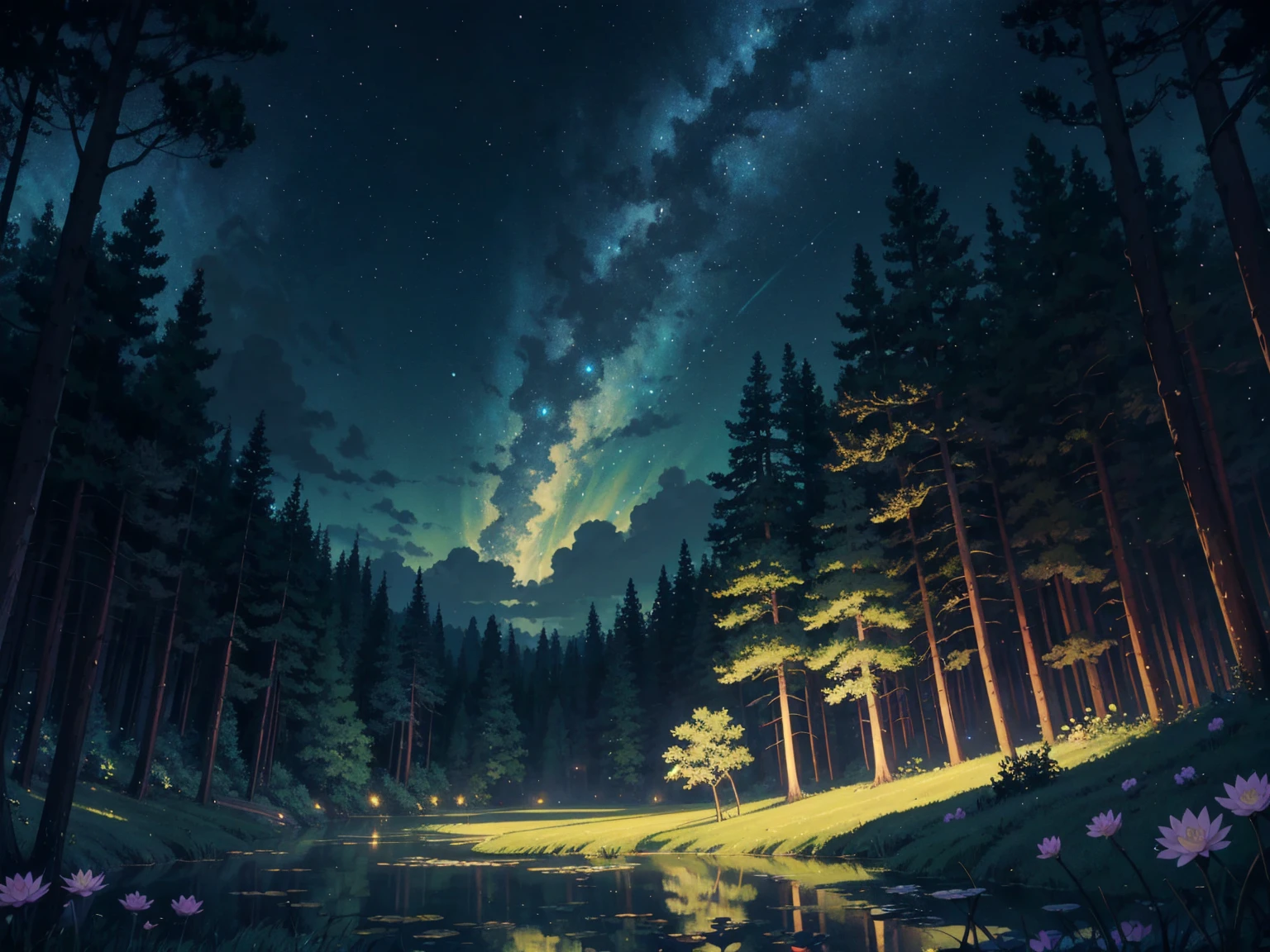 Lotusblumen:3、beste Qualität、Tischplatte、8K、(Nachtszene)、starrysky、der Wald、 Tief dunkle Nachtszene, Landschaft, glühend, Baum, draußen, Natur, Bild für ein AMOLED-Hintergrundbild. digital painting of a Anime Tief dunkle Nachtszene of a pond with water lilies, Teichrand aus Ziegelufer. Anime-Stil, Studio Ghibli-Stil. optisch ansprechend. Zeichenstil eines Cartoonisten. sanfte Farbe. Cel-Shading. Toon-Schattierung. Goldener Schnitt