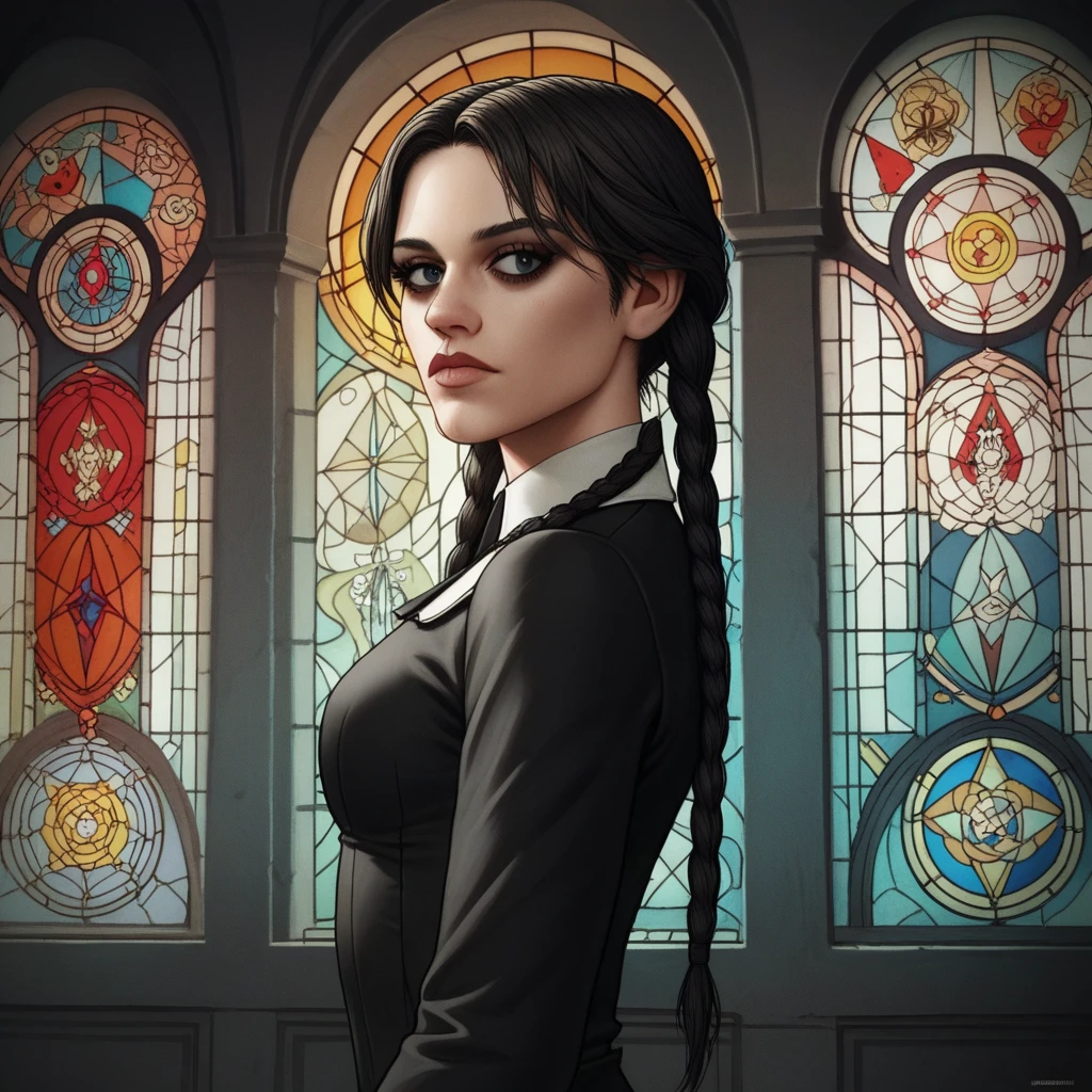 score_9, score_8_up, score_7_up, score_6_up,source_anime,anime 2d, beautiful wednesday addams in a gothic mansion, color stained glass window, dusty, mysterious, beautiful black eyes, braided black twintails,  jenxortega, 