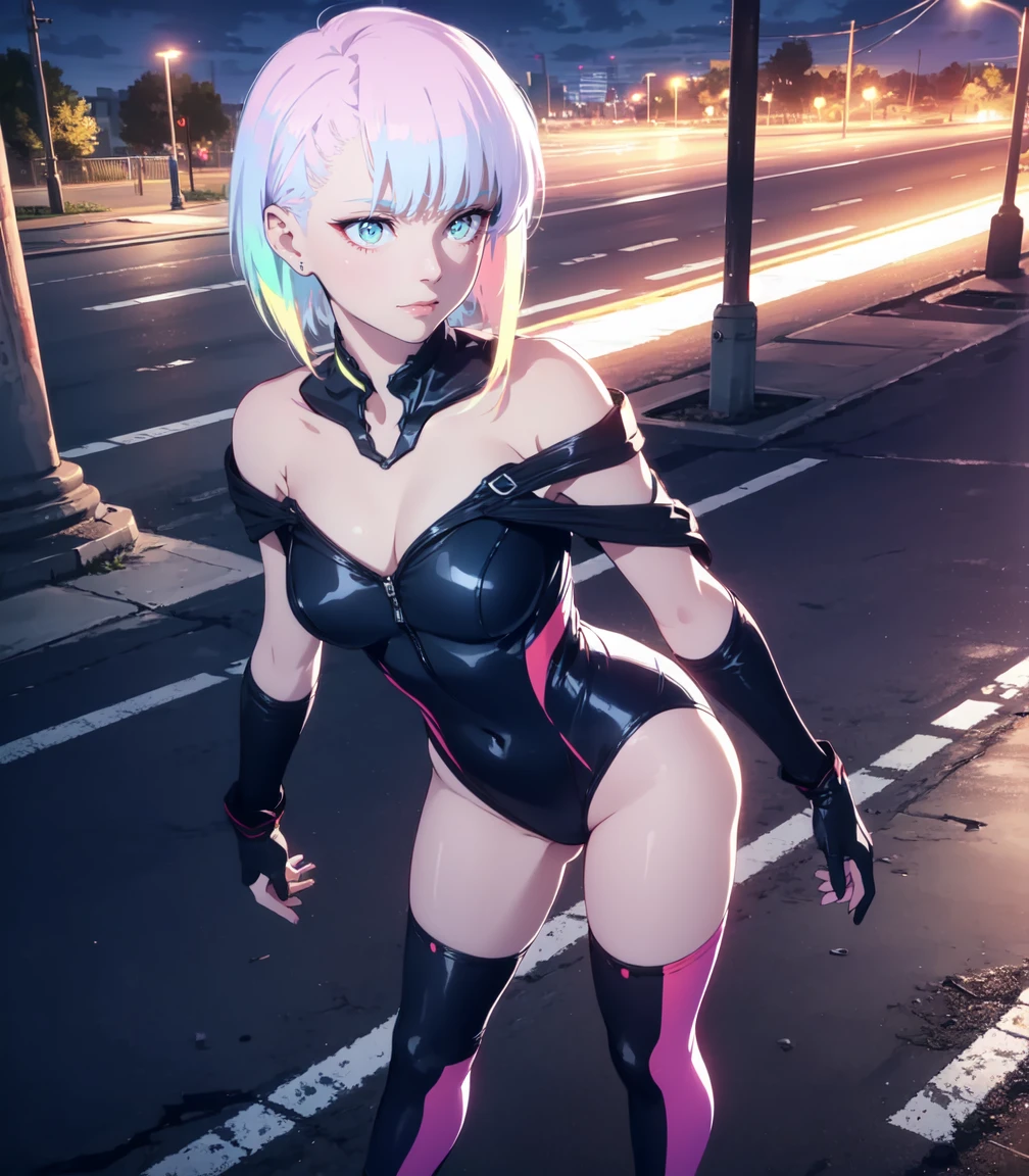 Masterpiece, best quality, 16k resolution, NVIDIA RTX Ray Tracing technology, Create a 4K resolution, ultra-realistic, and extremely detailed artwork, award winning, retina, soft light, sharp focus.(hyper-realistic:1.4),  (full body:1.5), (Night, night time:1.4), from above

cyberpunklucy, lucy, short hair, bangs, blue eyes, blue hair, multicolored hair, makeup, (multicolored eyes:1.3), smile, model pose, modeling

BREAK bare hips, bodysuit, leotard, monowire, off shoulder, off-shoulder open clothes, MIDRIFF

BREAK outdoors, city, moon, night, sky, clouds,

sexy, Sexy, smooth perfect skin, smooth_skin

Beautiful、(red blush)、Sexy

FULL BODY SHOT, ultra wide angle, textured skin, face detail, clean skin, perfect hands, perfect anatomy, anatomically correct,

(Realistic park:1.3)