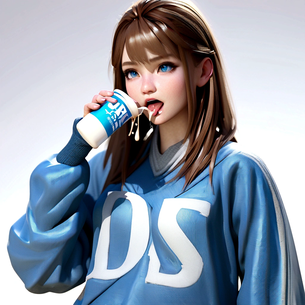 디에스 Character,여성, 스타일이 있는, 3D,갈색 생머리 , 푸른 색의 눈, 은행 색상 옷, 하늘색의, with the initials 디에스 on clothing initials 디에스 on adult clothing, 역할 모델, 스타일이 있는 descolada, 디에스 ,여성 18 anos,리얼리즘 인간 모델 , 혀를 보여주는 , 응축 우유를 마시고 얼굴과 머리카락에 흘리고 있음, 스며드는, 떨어지는 