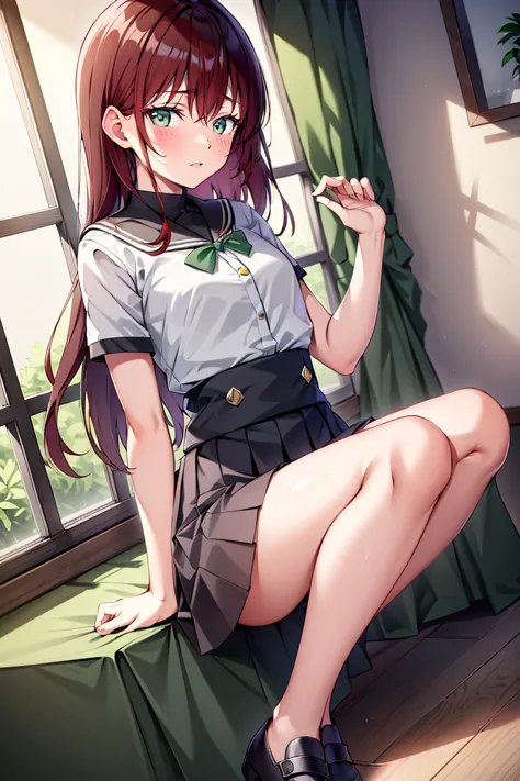 Kitaikuyo, Ikuyo Kita, (Green Eyes:1.5), Hair between the eyes, Long Hair, One side up, Redhead, (Flat Chest:1.2), break black f...