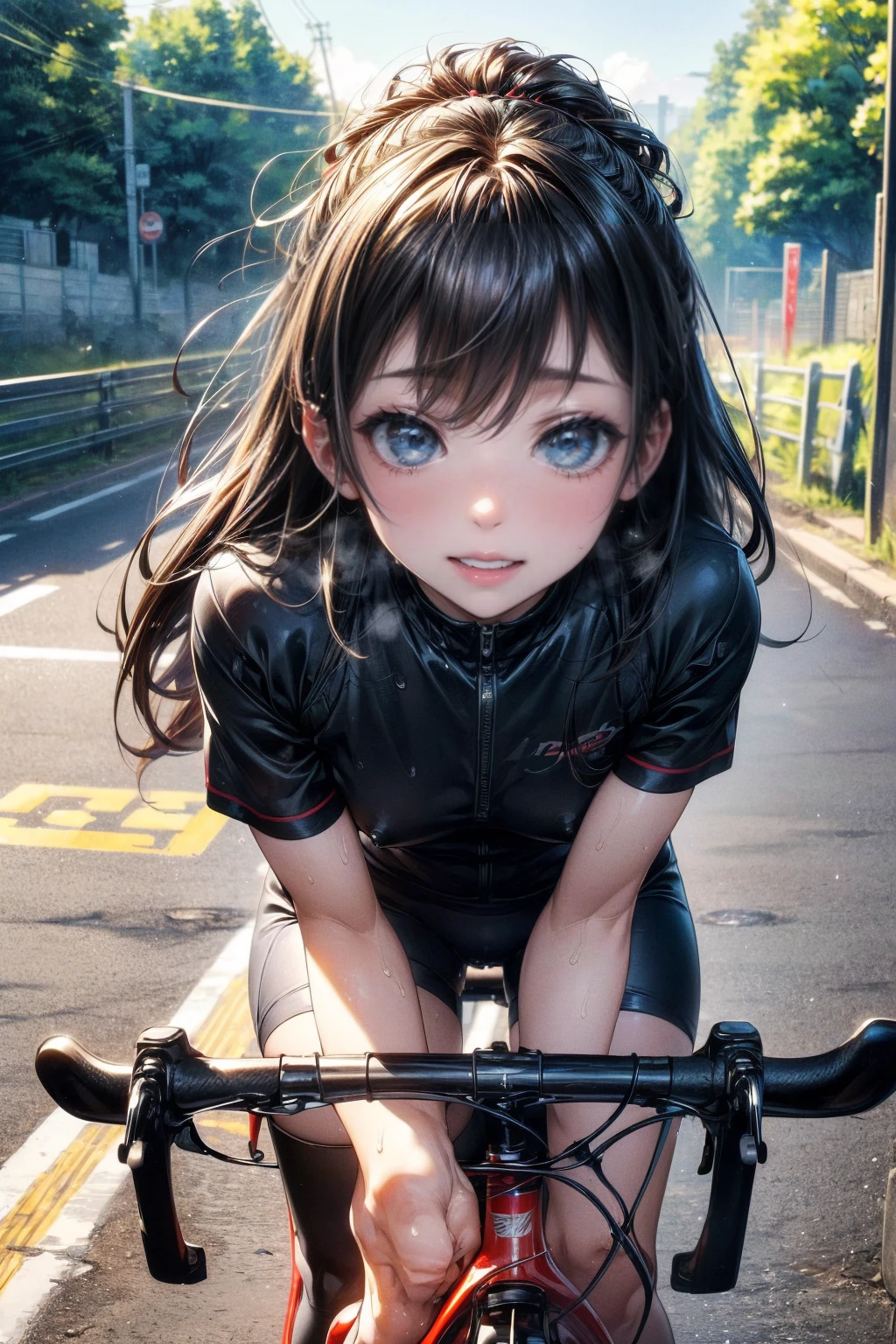 NSFW、de la máxima calidad、(Bicicleta de carretera)、((montar en bicicleta))、sonriendo al espectador、Ojos bonitos、Hermoso rostro、ojos delicados、((sudorで透けたスポーツウェア))、sudor、meseta refrescante、、