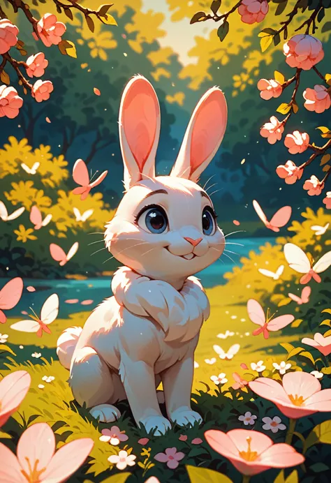 score_9, score_8_up, score_7_up, an adorable bunny, ambient spring, white and pink tetradic colors