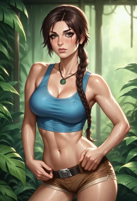 lara croft, shadows of the tomb raider, wearing a cropped blue tank top and lowrise small shorts, midriff showing, detailed face...