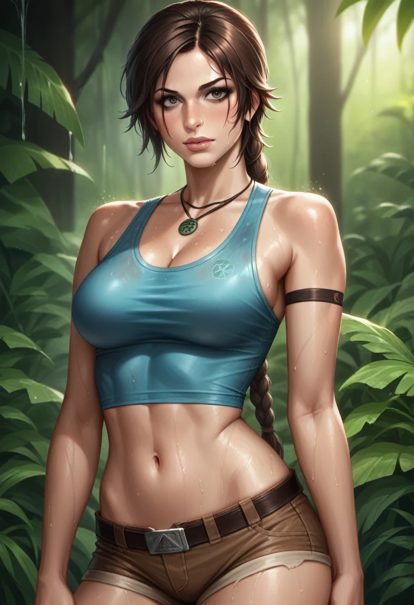 Lara Croft, shadows of the tomb raider, wearing a cropped blue tank top and lowrise small shorts, midriff showing, detailed face, attractive face, Hot, sexy, beautiful body features, hourglass body figure,  body, curvy flanks, flat stomach, no abs, jungle environment, wet atmosphere, Heavy rain, stormy weather, wet & dirty skin, Unreal engine, photo realistic, dynamic lighting, poster, volumetric lighting, high resolution, detailed textures